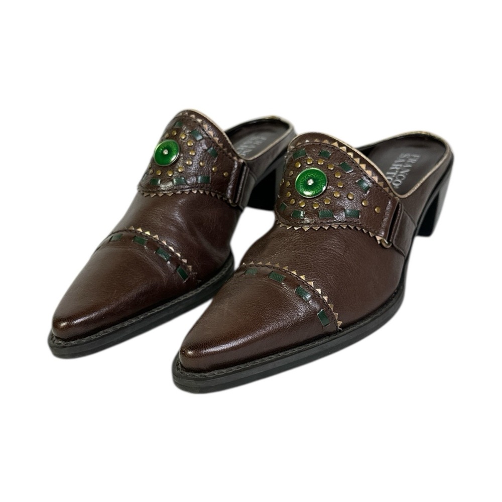 Franco Sarto Western Leather Mules Sz 6.5 Pointed Toe Cabochon Buckle Studs VTG